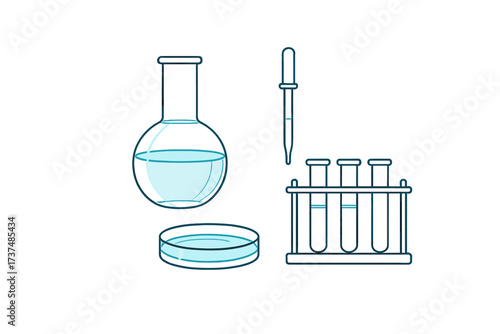 Various laboratory glassware including a flask and test tubes with a dropper on a white background