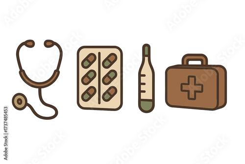 Medical tools and equipment display including stethoscope, medicine, thermometer, and first aid kit for healthcare professionals