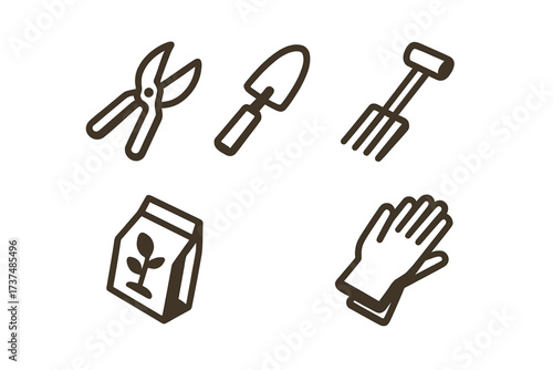 Gardening tools and supplies such as gloves, spade, and pruners arranged neatly on a clean background