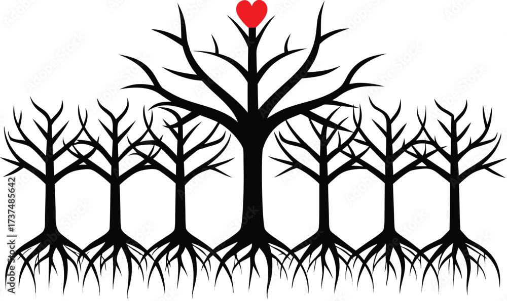 Obraz premium Silhouetted tree roots illustration with heart symbol represents growth and love