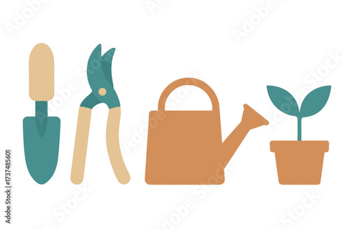 Garden tools and pot with plant showing essential equipment for gardening activities in a vibrant workspace
