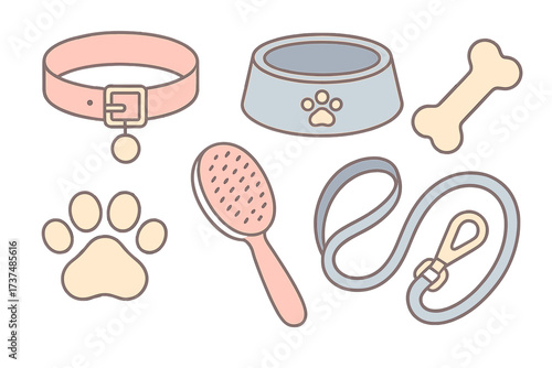 Pet supplies collection including collar, bowl, bone, paw print, brush, and leash on a white background