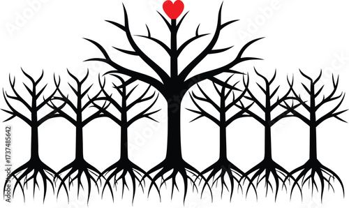 Silhouetted tree roots illustration with heart symbol represents growth and love