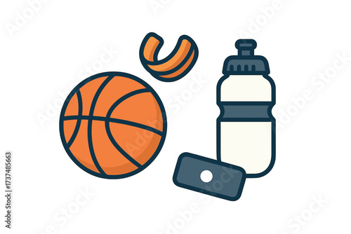 Basketball gear including a ball, water bottle, mouthguard, and towel ready for a practice session at the gym