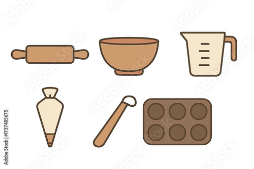 Baking tools arranged on a flat surface, including a rolling pin, measuring cup, and mixing bowl for preparing desserts