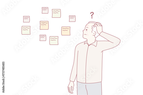 Elderly man making notes suffering from memory loss. Old grandfather use memo stickers struggling with Alzheimer or dementia. Health problems concept. Vector illustration.