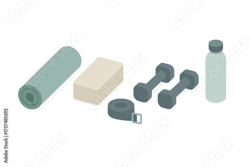 Health and fitness equipment for home workouts including weights and yoga mat on a clean surface