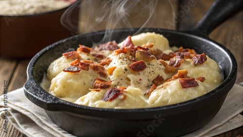 Savoring bryndzov halusky served hot in a cast iron pot with crispy bacon topping for an authentic rustic delight