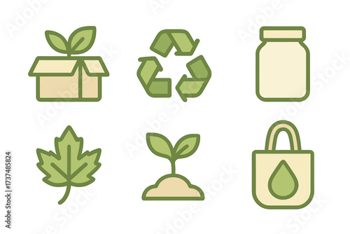 Collection of eco-friendly icons representing sustainability and environmental awareness in green tones