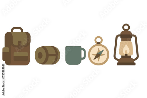 Items for a camping adventure including a backpack, rolled blanket, mug, compass, and lantern for outdoor exploration