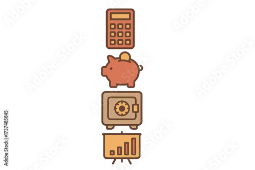 Financial tools for effective money management including calculator, piggy bank, safe, and growth chart