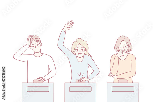 Diverse people participate in quiz show answering questions. Men and women take part in gambling game on TV. Flat vector illustration.