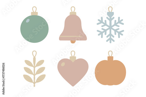 Decorative holiday ornaments in pastel colors displayed on a simple white background for festive celebrations