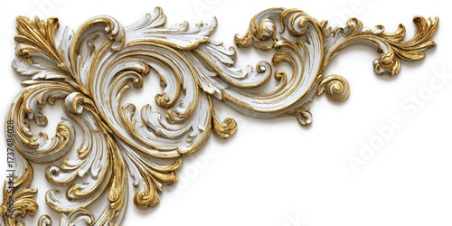 Luxury Baroque Ornament Detail in Gold and White Exquisite Architectural Decoration Element on Isolated Background