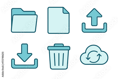 Icons representing basic file management functions for digital devices, including upload, download, delete, and cloud storage