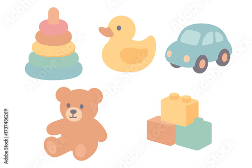 Colorful children's toys including a teddy bear, stacking rings, a rubber duck, a toy car, and building blocks on a white background