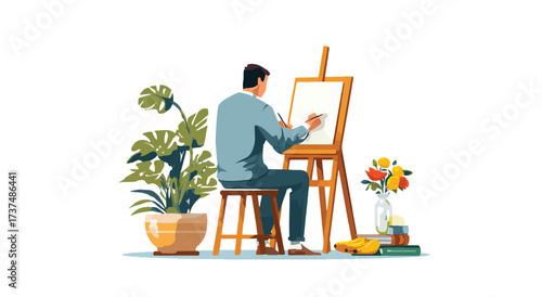 Man creating artwork on easel with brush next to potted plant and flowers books bananas indoors illustration