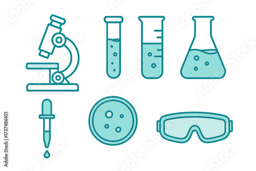 Science tools and laboratory equipment arranged in a clean, simple layout for educational use