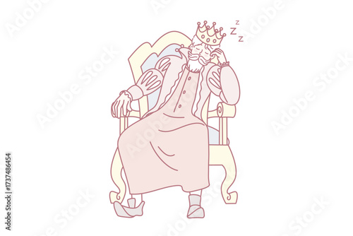 Bored king with crown on head fall asleep in chair. Tired monarch sleeping in armchair. Exhaustion and fatigue. Vector illustration.
