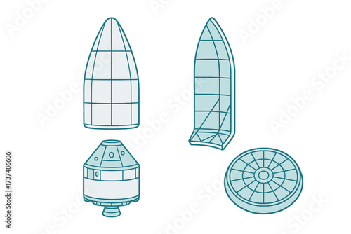 Design elements of a spacecraft capsule, revealing key components and shapes for aerospace engineering
