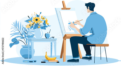 Man painting on canvas art easel in studio with flower pot and banana illustration