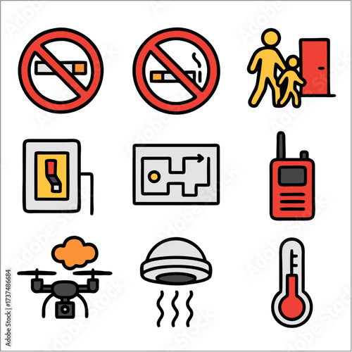 Flat Icon Set, Firefighting Equipment & Emergency Symbols