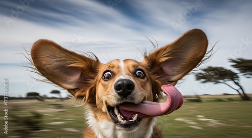 Dog with long ears blown wildly by wind, tongue flapping, expression of ecstatic craziness