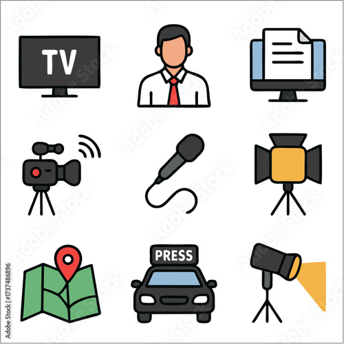 Flat Icon Set, Journalism, News & Media Tools Symbols