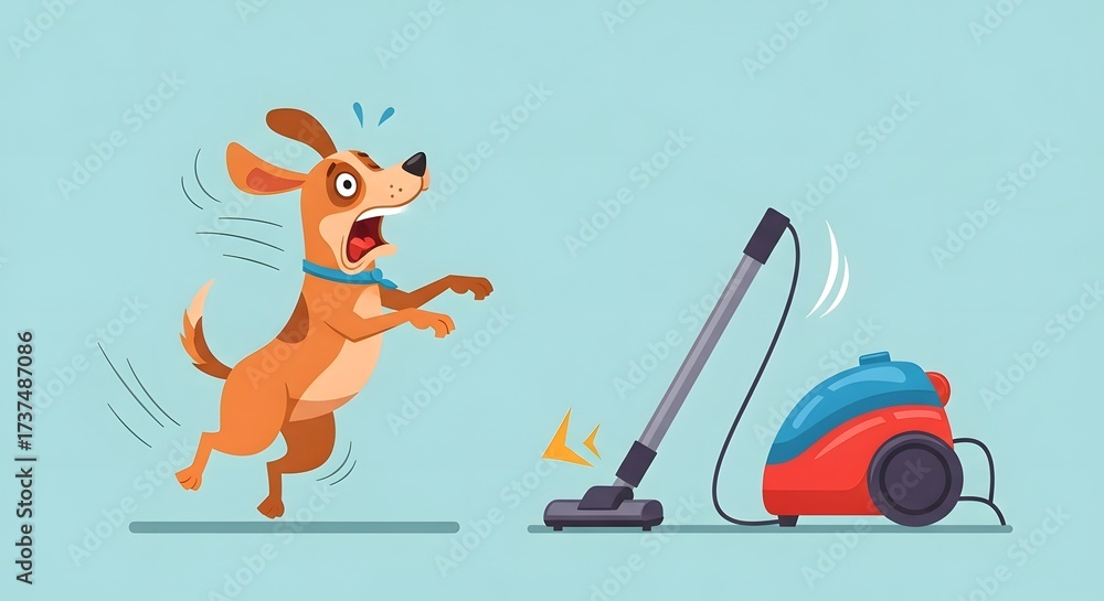 Fototapeta premium Cartoon dog jumping back in shock at a vacuum cleaner turning on, comedic moment, flat vector style