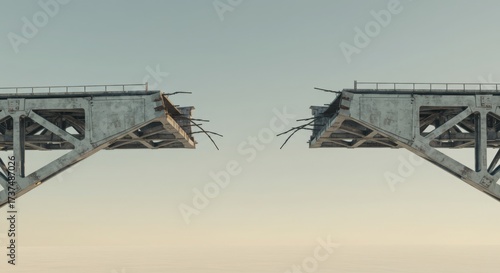 Broken bridge with damaged structure against a clear sky.
