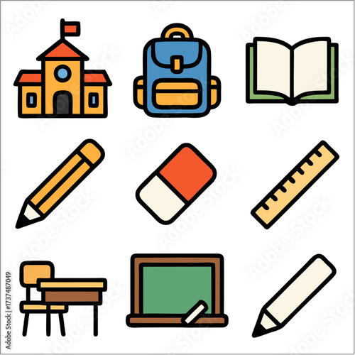 Flat Icon Set, School, Education & Classroom Tools Symbols 