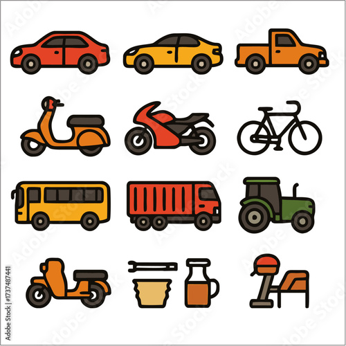 Flat Icon Set, Automotive, Vehicles & Mechanic Tools Symbols
