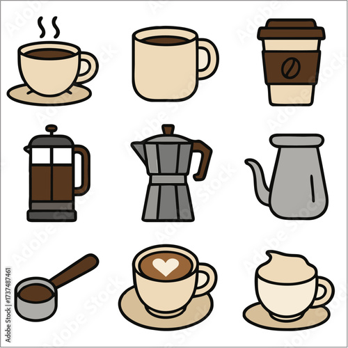 Flat Icon Set, Coffee Shop, Café & Barista Symbols