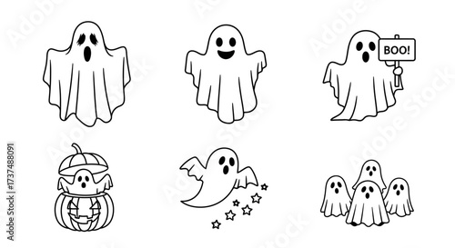 Set of cute Halloween ghosts illustrations in various poses, perfect for decorations, greeting cards, and spooky designs with a ghostly atmosphere