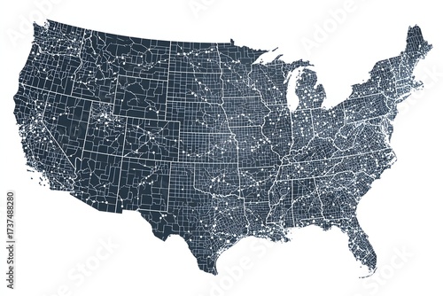Detailed Map of United States with County Boundaries in Dark Blue and White