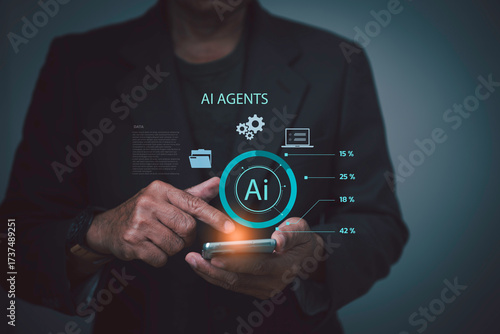 Businessman using smartphone with AI agents interface, digital technology, and data analysis dashboard. Concept of artificial intelligence, automation, innovation, and smart future solutions