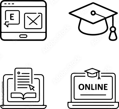 Online Education Icons Representing E-learning, Graduation, and Digital Study Concepts
