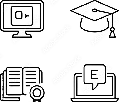 Online Education and Learning Icons Graduation Cap, Book, Computer and Laptop Concepts