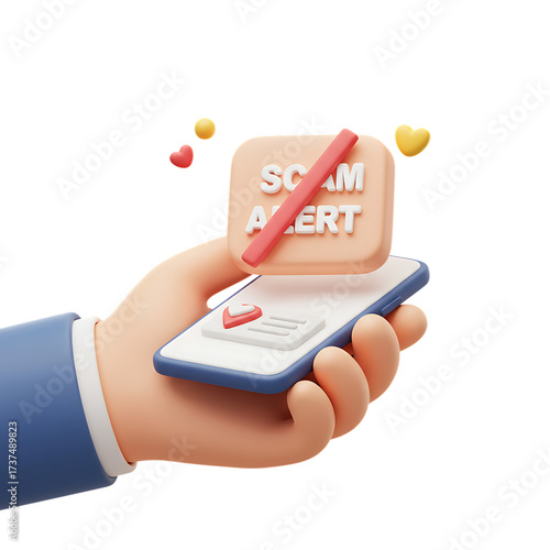 3D Scam Alert Notification Smartphone Icon for Security Awareness Isolated on Transparent Background png