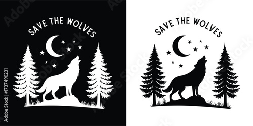 Silhouette of a wolf howling at the moon in a forest, with the text save the wolves above, representing wildlife conservation and the wild nature of these animals