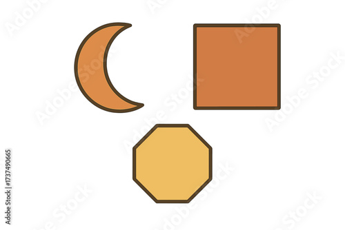 Shapes and colors displayed in a simple geometric design featuring a crescent, square, and octagon