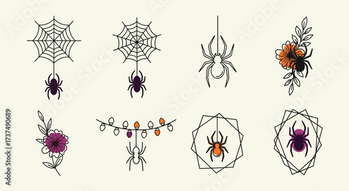 Unique Halloween-themed vector set with spiders, cobwebs, floral elements, and geometric frames for decorative use, EPS file