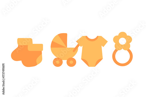 Baby essentials in bright orange colors showcasing socks, stroller, onesie, and teething ring for a cheerful nursery theme