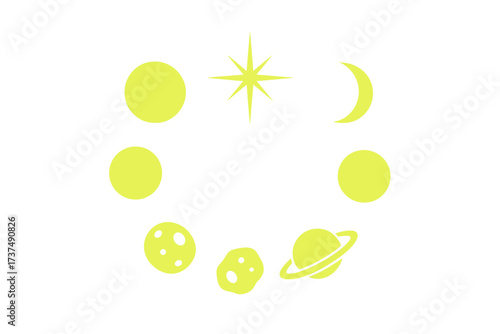 Cosmic symbols illustrating phases of celestial bodies in a minimalist design using bright yellow and simple shapes