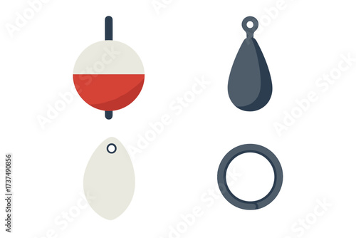 Fishing bobbers and weights displayed in a simple arrangement on a light background