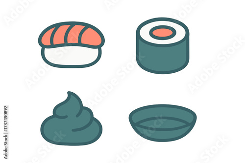 Various sushi types displayed in a simple and colorful design for a food-related project or menu
