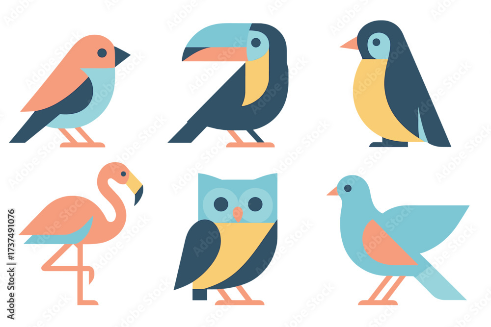 Fototapeta premium Colorful illustrations of six different bird species in a playful art style