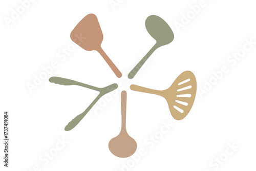 Variety of kitchen utensils arranged in a circular pattern on a white background showcasing different shapes and colors