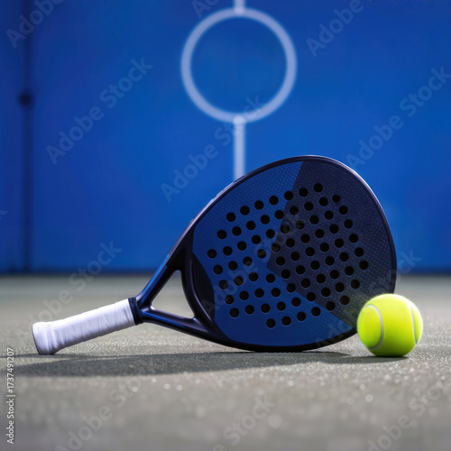 Blue padel racket and yellow ball on a green court against a blue wall. Space for text.