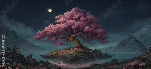 Serene Island Landscape with Blossoming Tree Beneath a Full Moon Beautiful Illustration Artwork Scenery